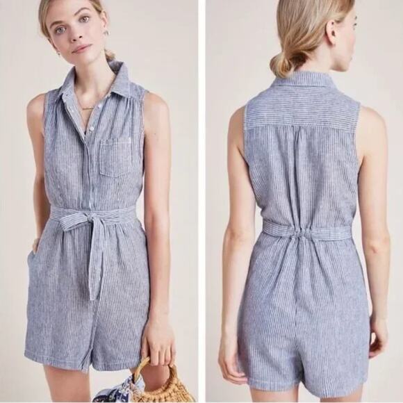 ANTHROPOLOGIE Blue White Striped Shorts Romper Women's Size 0 Nautical Preppy - Picture 9 of 9